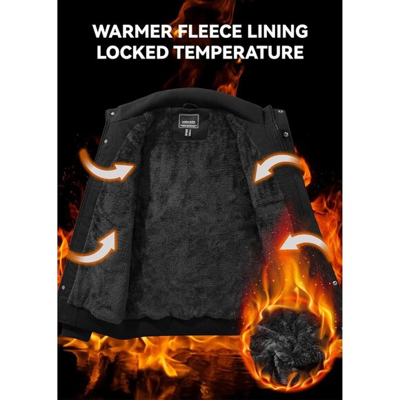 Men's Black Winter Cargo Fleece Sherpa Lined Casual Windproof Bomber Jacket - Picture 2 of 6